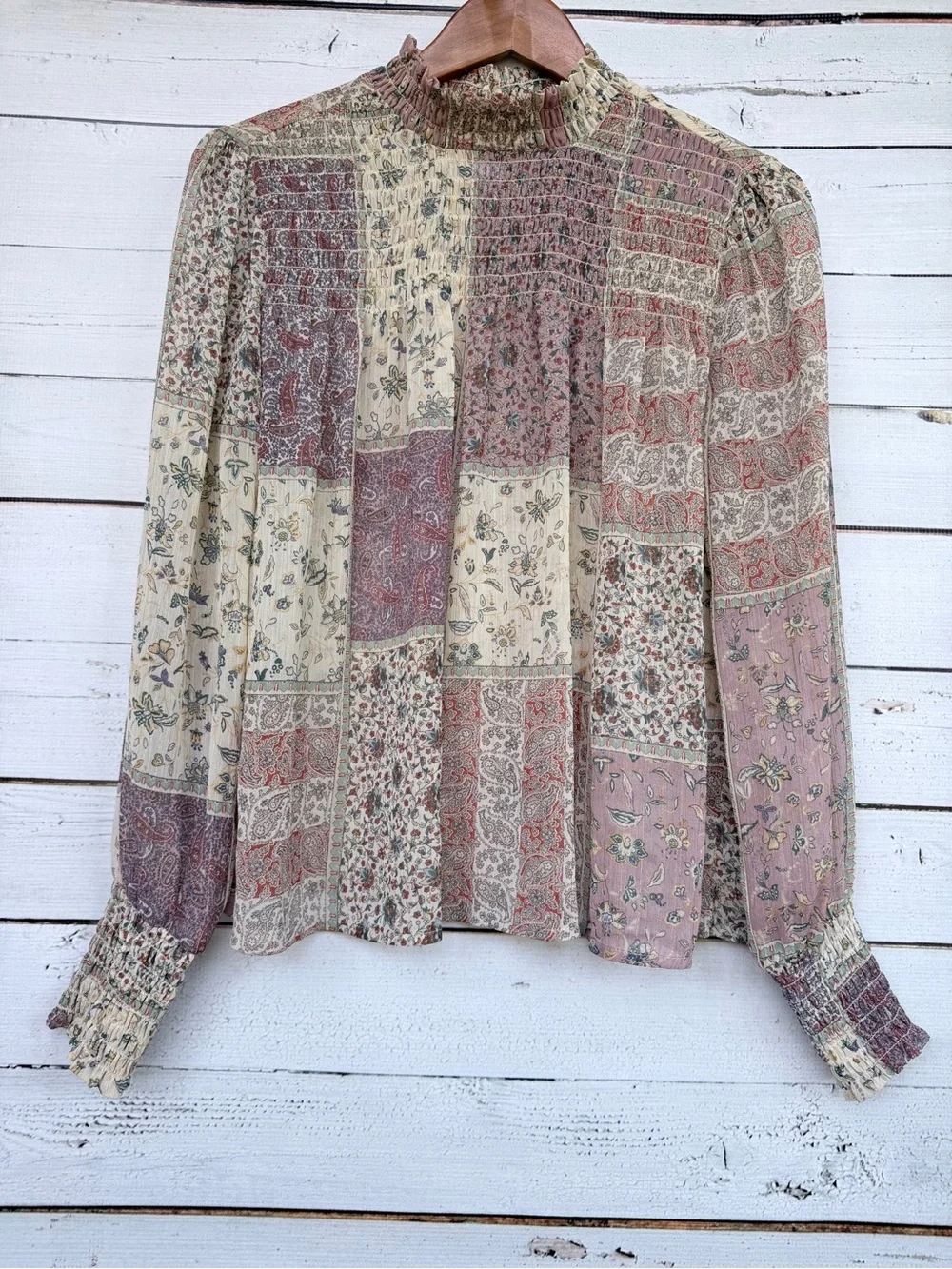 Living Doll LA Patchwork Smocked Mock Neck Blouse - Size Small